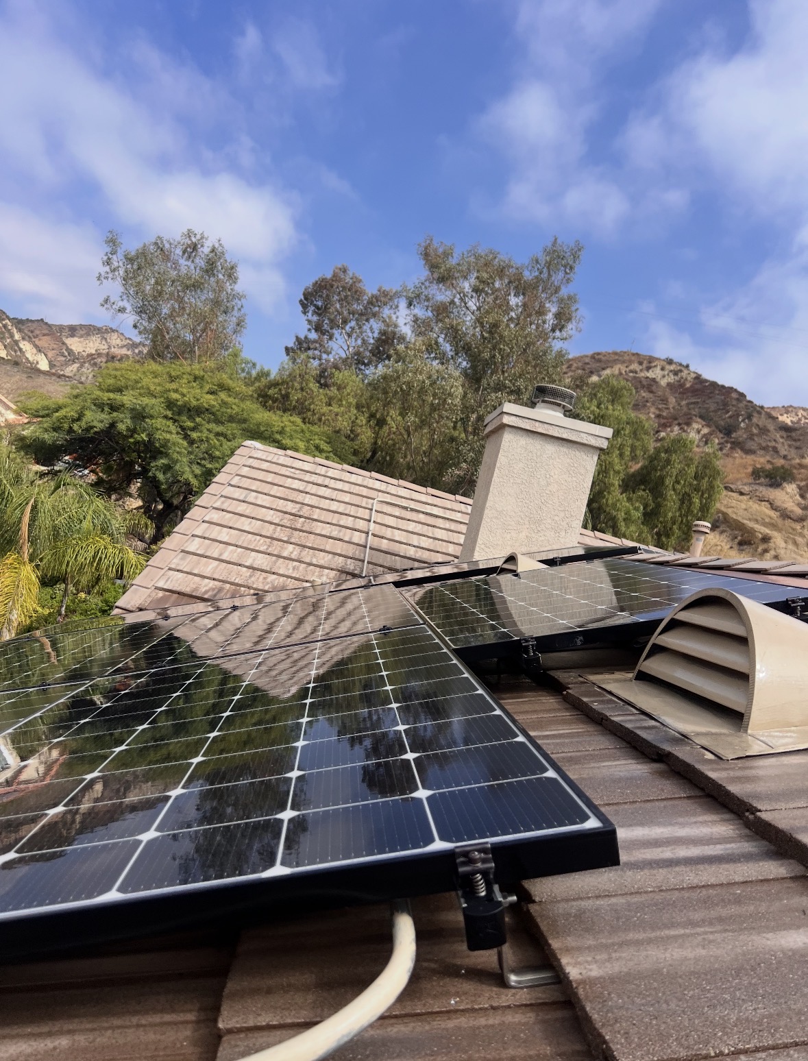 Solar panels after cleaning with mountain view